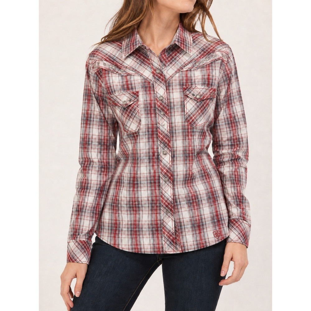 Ariat Women's L Cher Plaid Snap Western Shirt Studded Red Gray NWT